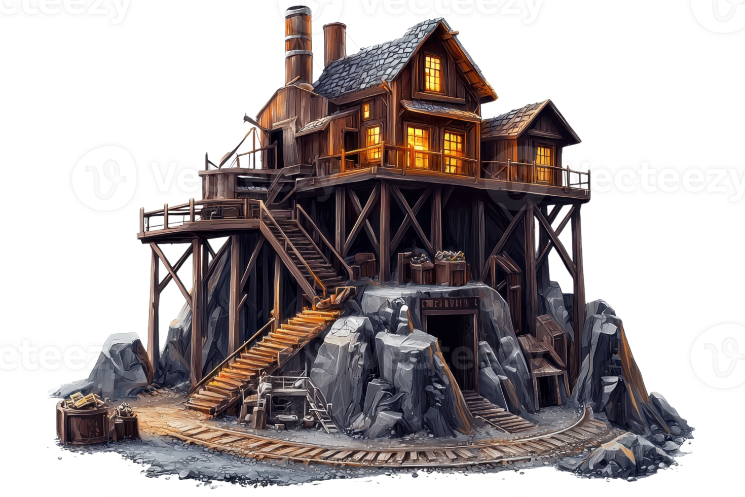 Rustic wooden mining house with warm glowing windows, surrounded by rocky terrain and a wooden stairway leading up to the entrance. png