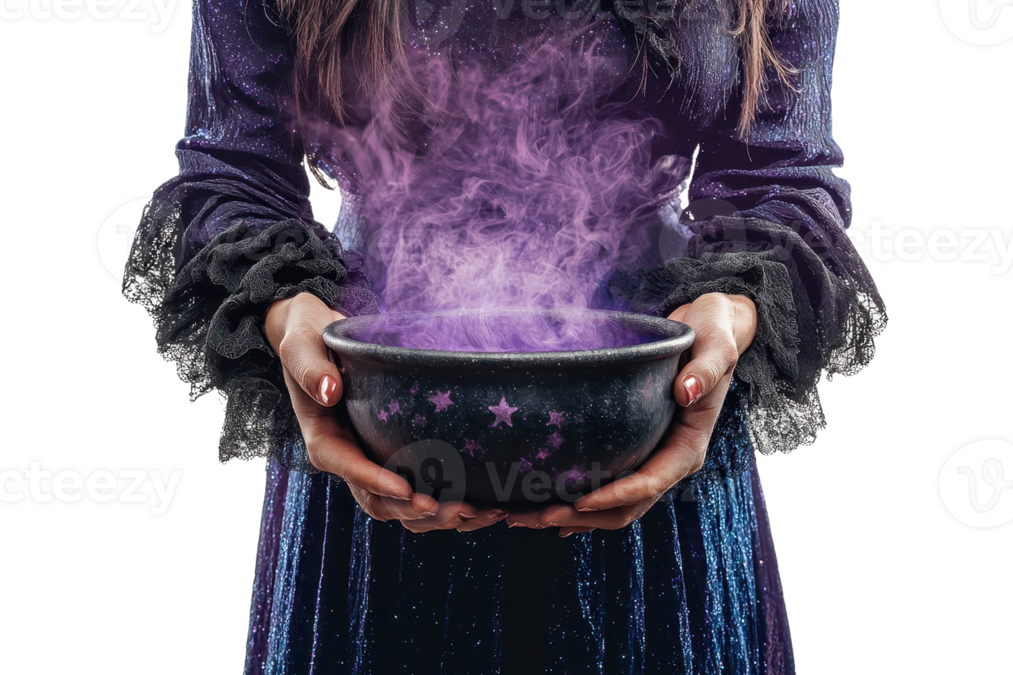 A mysterious woman holds a black bowl with purple smoke, creating a magical and enchanting aura. png