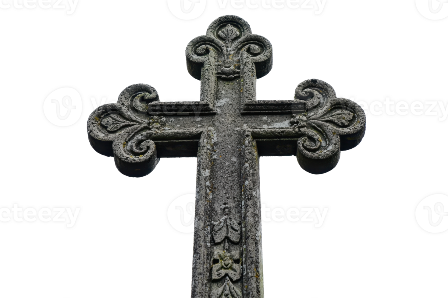 A detailed view of an ornate stone cross with intricate carvings, captured against a plain background. png