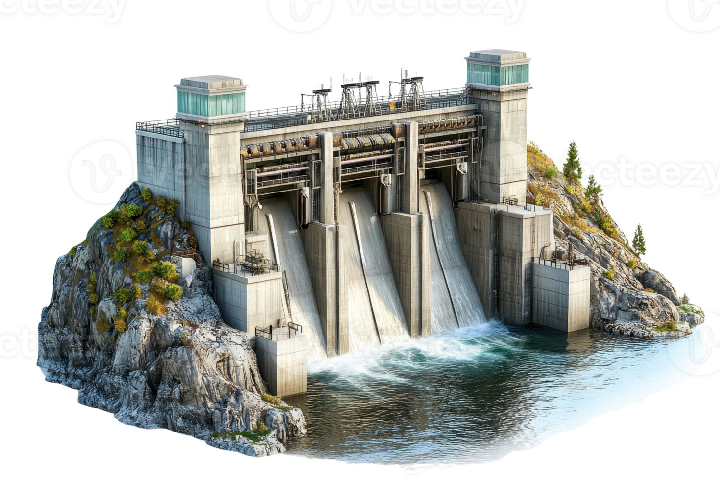 A detailed illustration of a dam with water flowing through the spillways, surrounded by rocky terrain and greenery. png