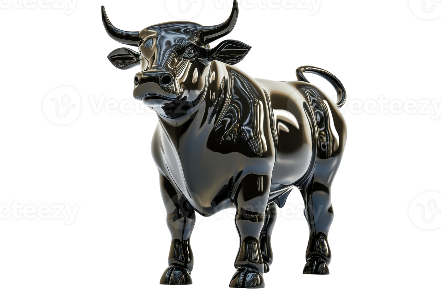 A shiny metallic bull statue in an imposing stance, symbolizing strength, power, and determination. png