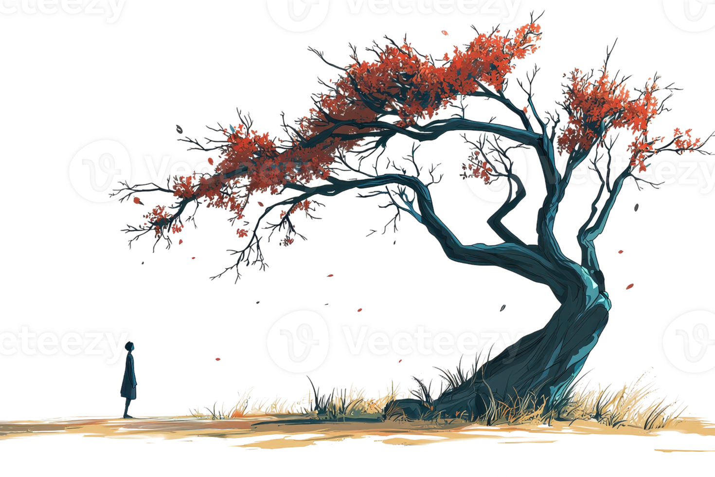 A solitary figure stands beneath a large tree with vibrant red leaves, symbolizing serenity and solitude in a peaceful natural setting. png
