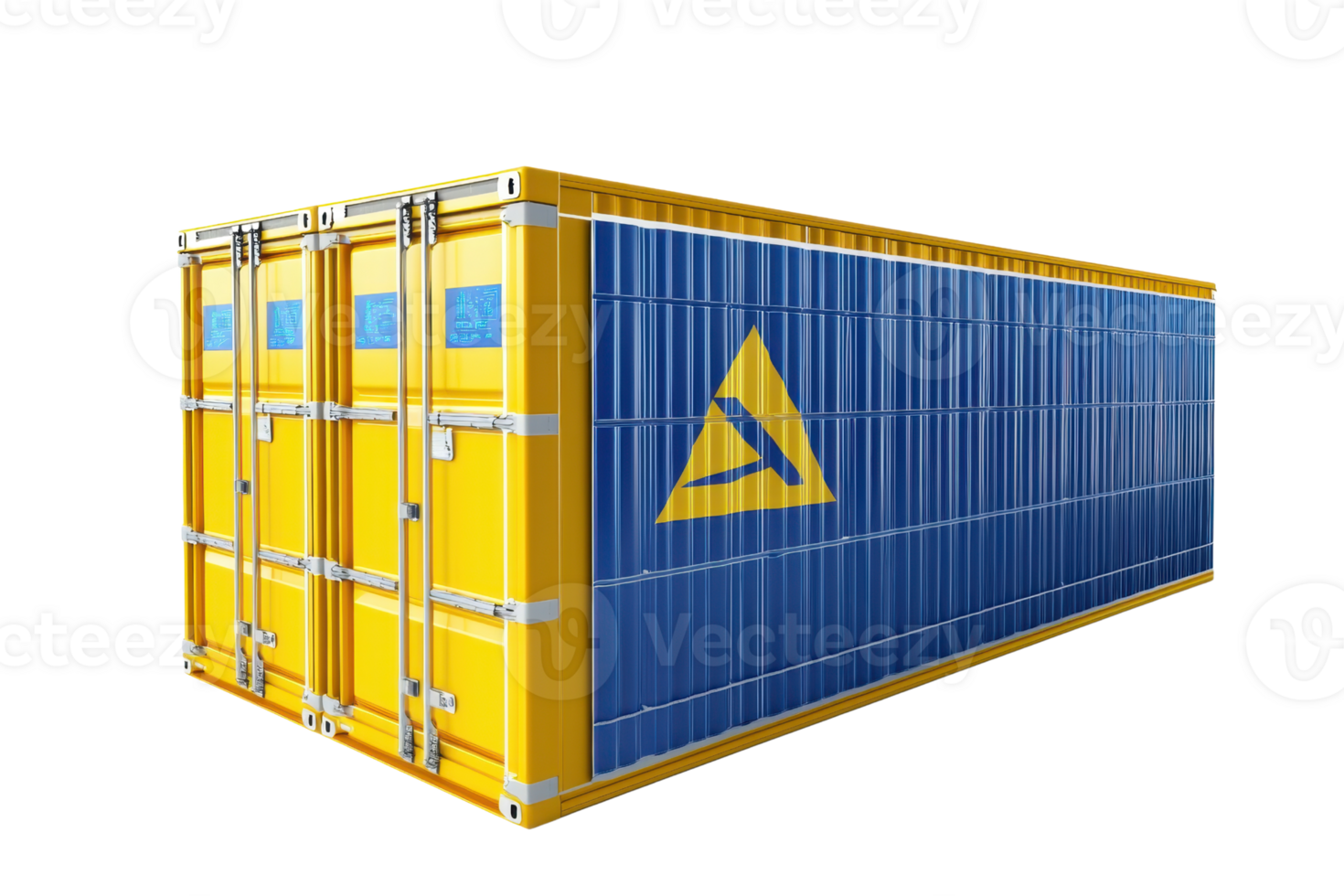 Blue and yellow shipping container with a geometric logo. Ideal for transport, logistics, and storage-themed projects. png