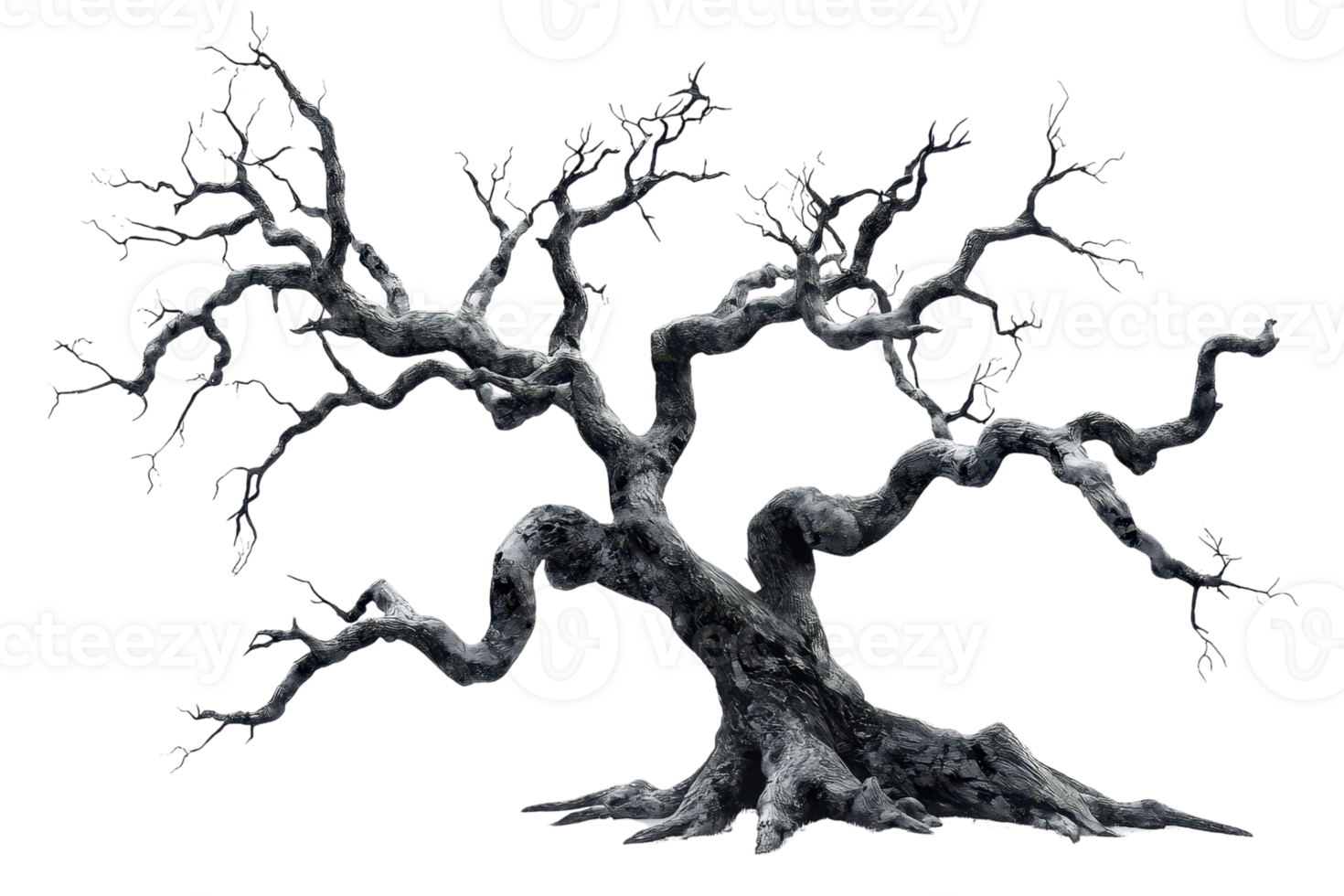 A striking image of a bare, twisted tree with dark branches, creating a haunting and eerie atmosphere, perfect for spooky and mysterious settings. png