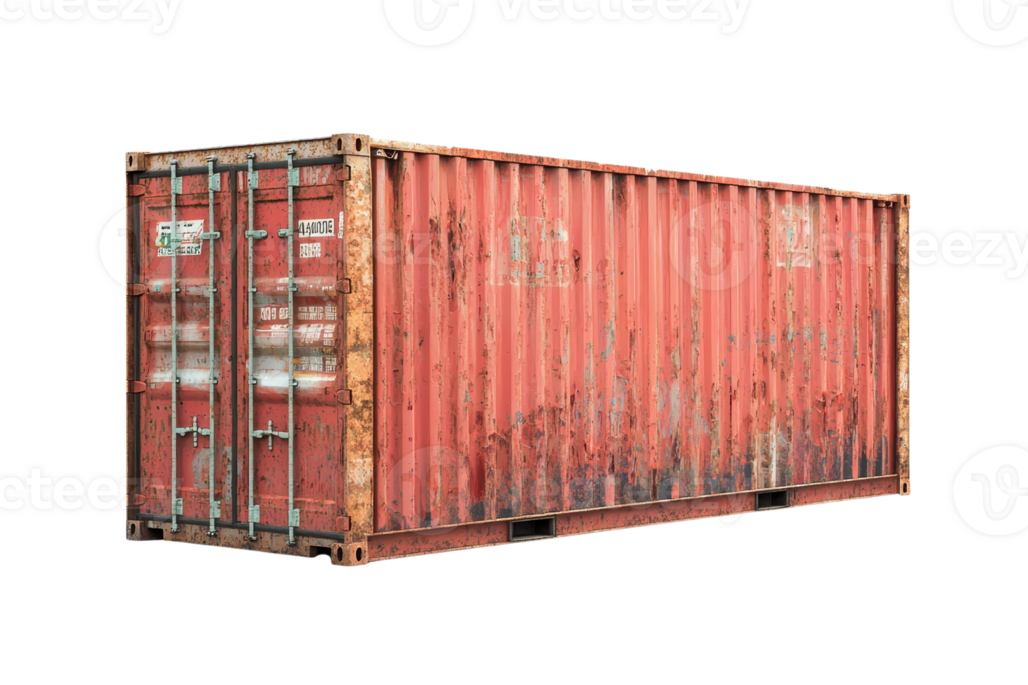 A weathered red shipping container with rusty spots, ideal for transportation, storage, and industrial-themed projects. png