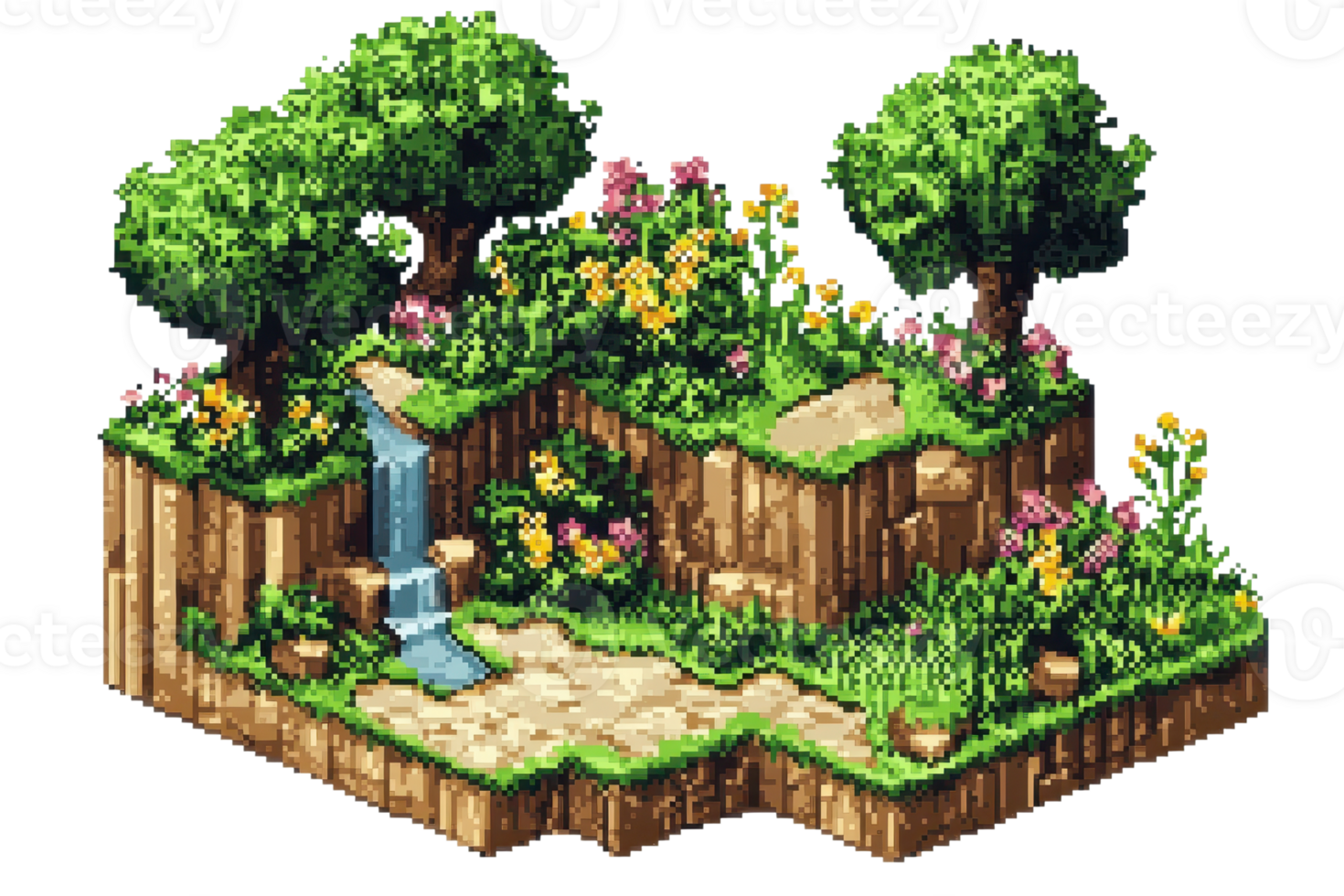 A pixel art style illustration of a vibrant, lush garden with trees, flowers, stone paths, and a small waterfall. png