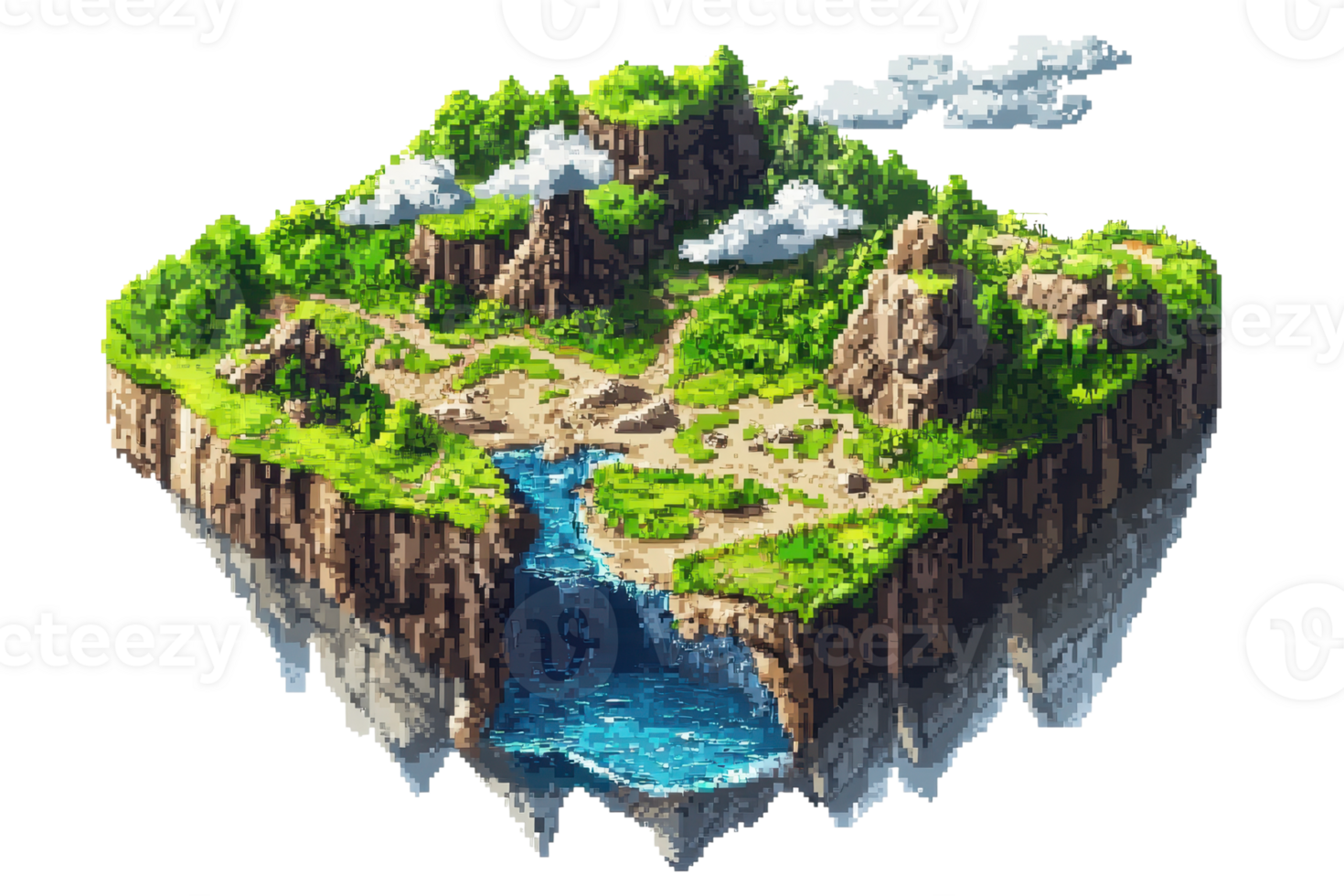A vibrant, floating island with lush greenery, rocky formations, and cascading waterfalls set against a bright blue sky background. png