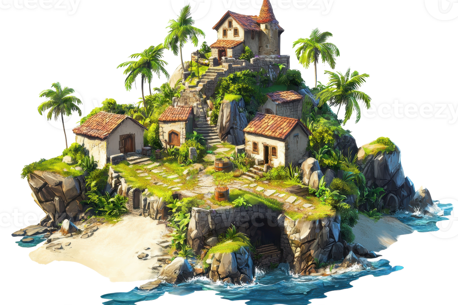 A picturesque island village with quaint houses on a cliff surrounded by palm trees and a sandy beach beside crystal-clear water. png