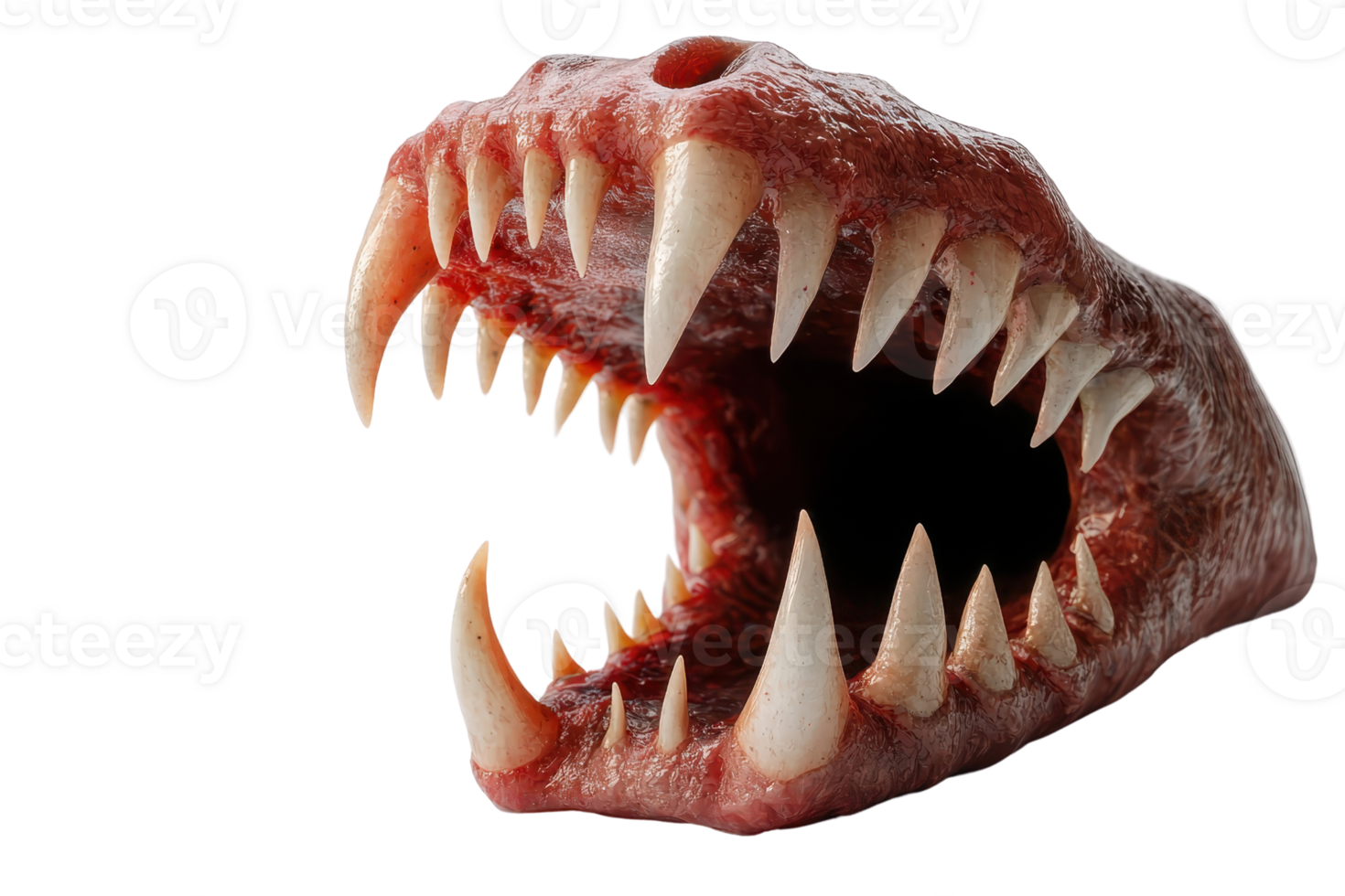 Close-up of menacing creature with sharp teeth and open mouth, showcasing detailed texture and frightening realism. png