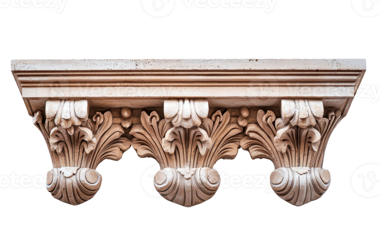Close-up of ornate architectural detail on a classical stone corbel with intricate carvings. Ideal for historical and architectural projects. png