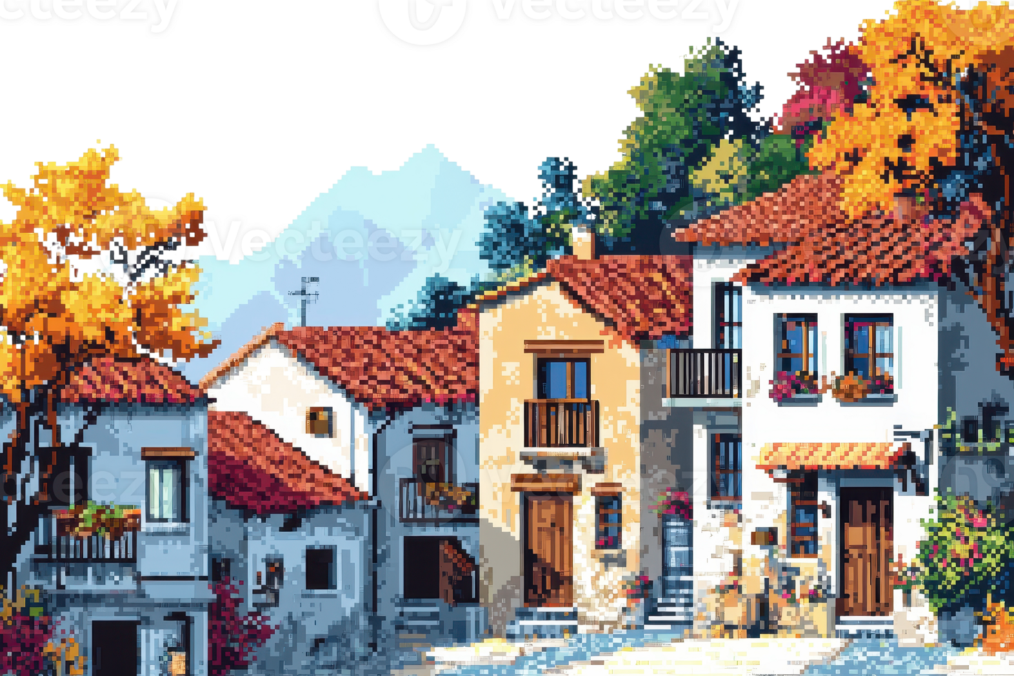 Charming hillside village with rustic houses, colorful roofs, and a mountain backdrop in autumn, featuring nature and peaceful scenery. png