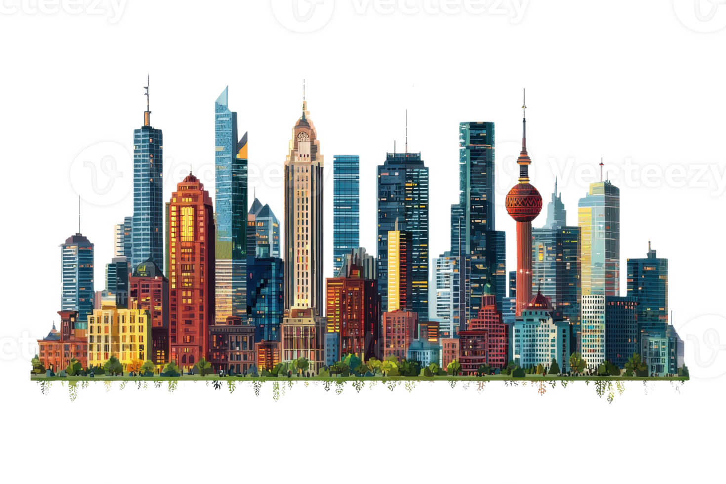 Colorful city skyline illustration featuring diverse modern buildings and skyscrapers, showcasing urban architecture and cityscape. png