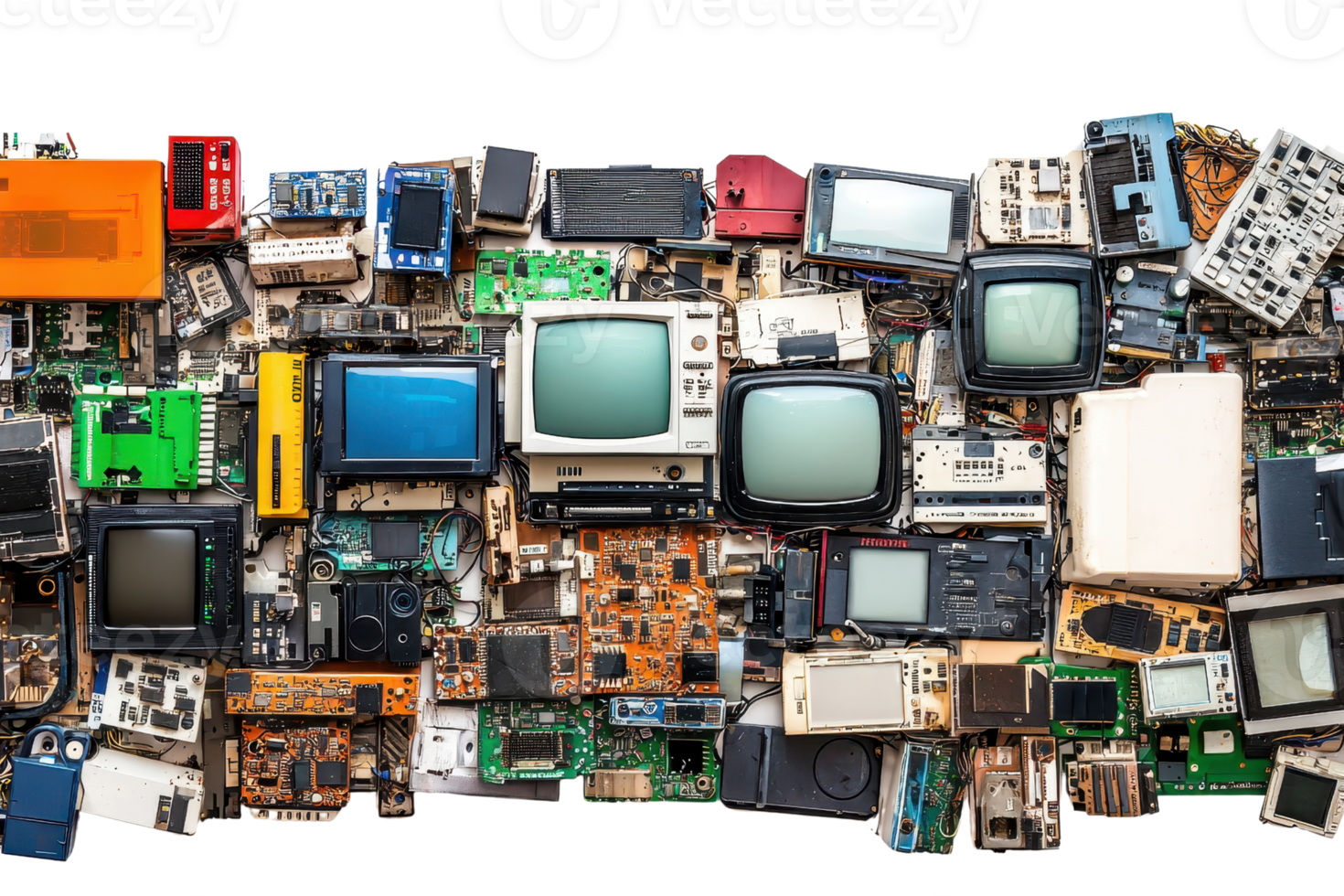 Collection of vintage electronic devices and components including old televisions, circuit boards, and communication machinery. png