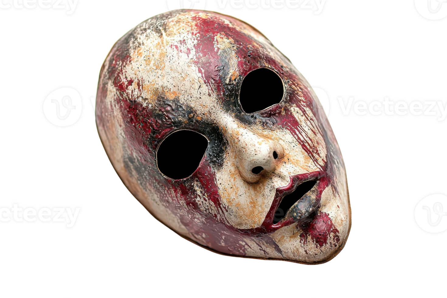 Creepy horror mask with worn paint, red and white colors, showcasing a scary and eerie design with black eye holes. png