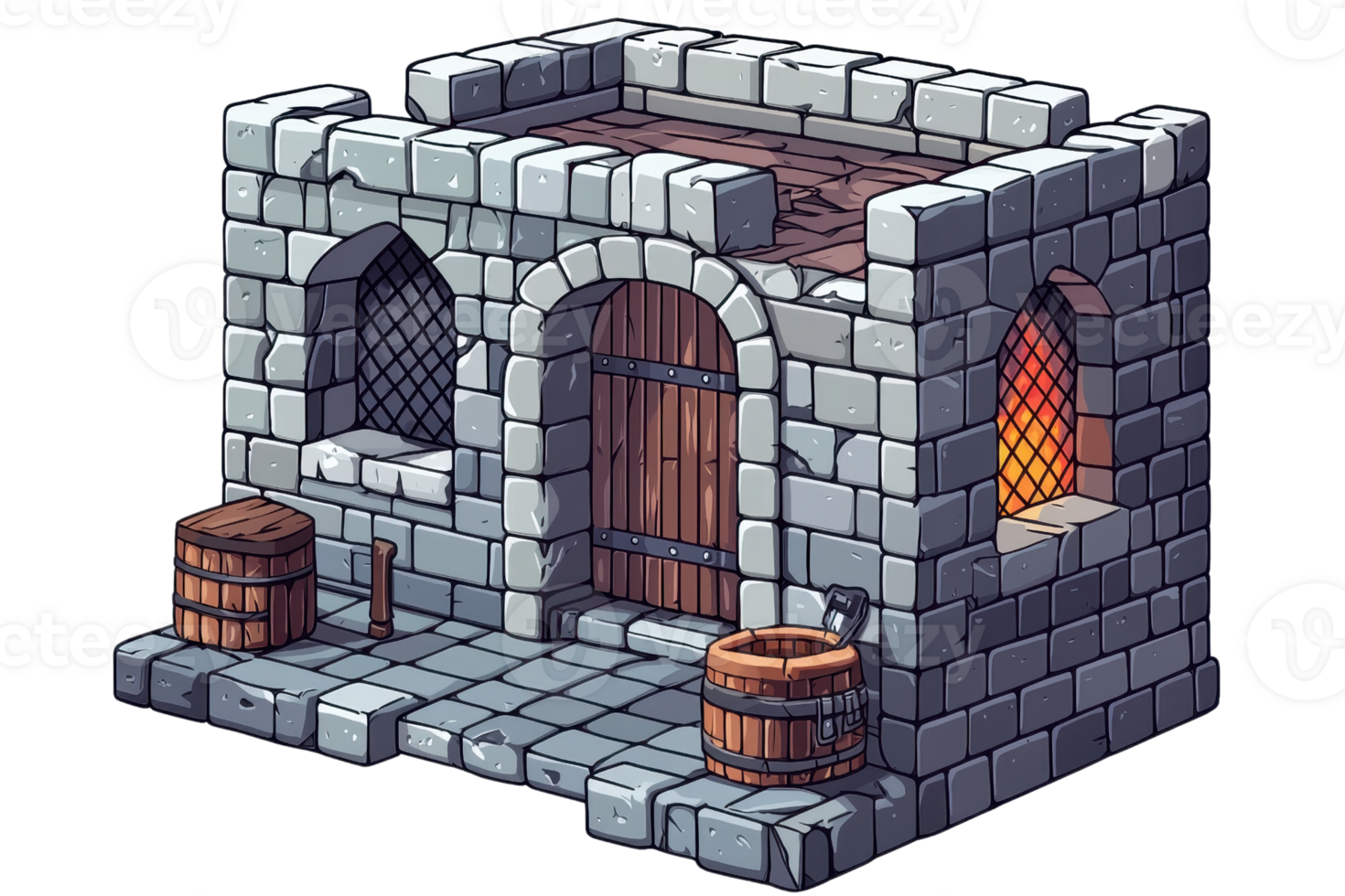 Cartoon-style medieval stone building with wooden door and windows, ideal for fantasy game or illustration designs. png