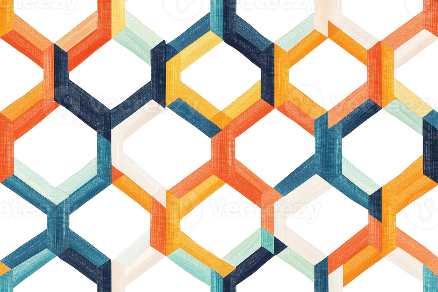 Colorful modern geometric pattern with interlocking hexagons in various shades. Perfect for design backgrounds and art projects. png