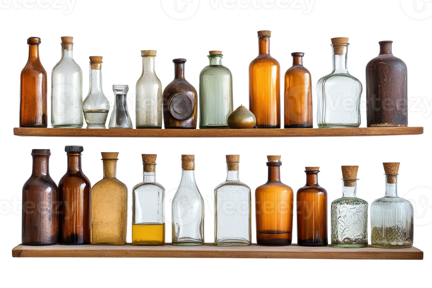 Collection of vintage glass bottles with cork stoppers on wooden shelves, creating an antique, nostalgic, and rustic display. png