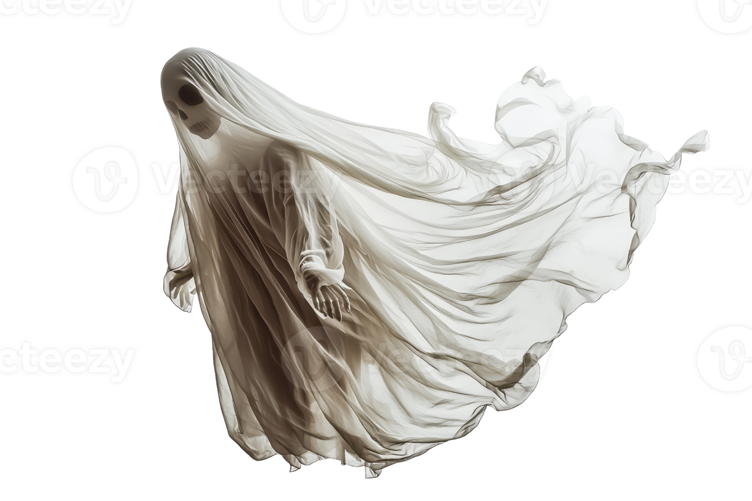 Eerie ghost draped in white sheet, floating in a dark, misty background capturing an essence of horror and mystery. png