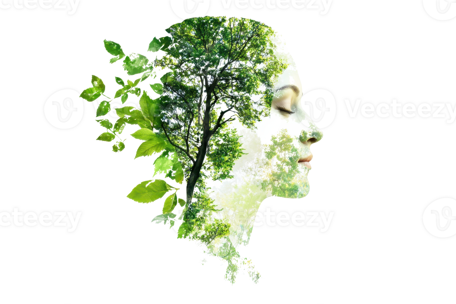 Double exposure of a woman's profile blended with a lush tree, symbolizing harmony with nature and environmental consciousness. png