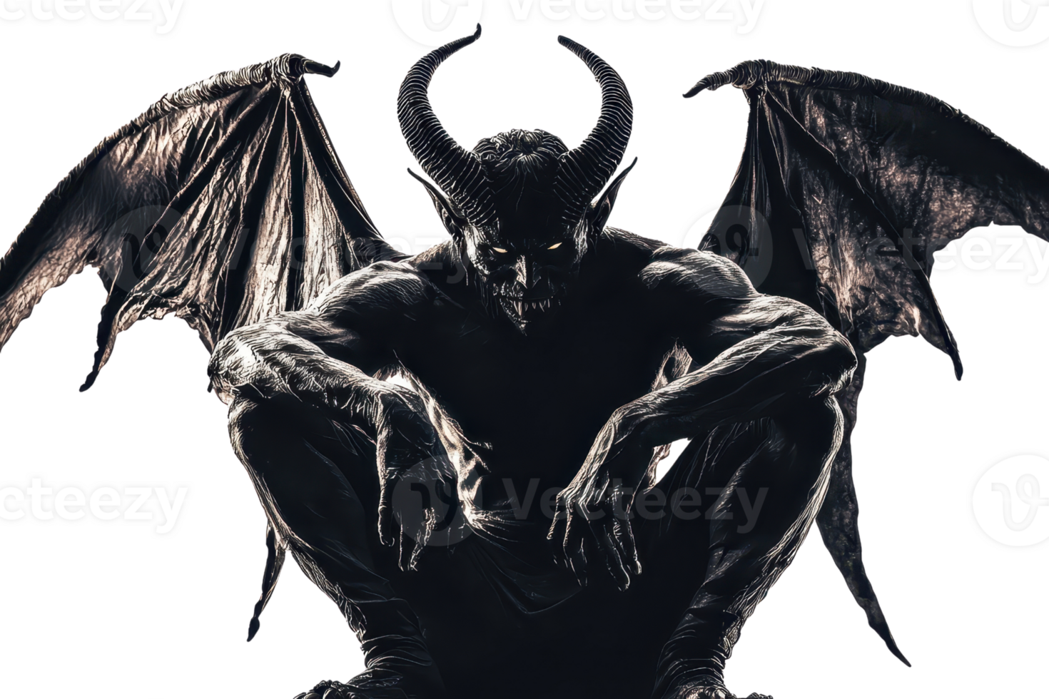 Demonic figure with horns and wings in a dark, menacing pose, perfect for horror and fantasy themes. png