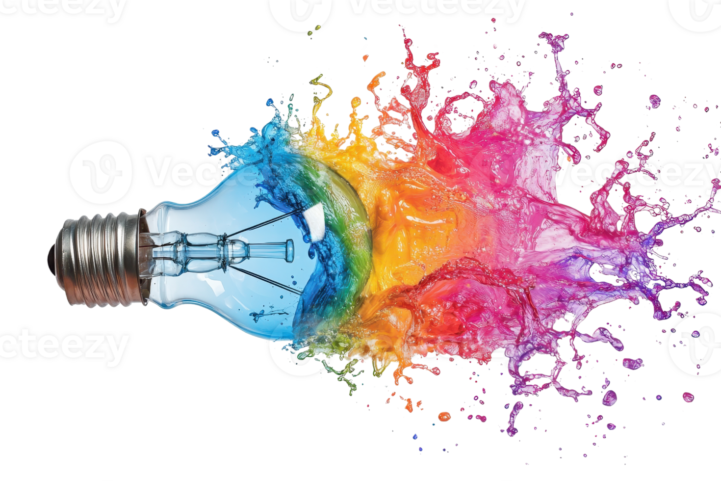 Creative explosion of colorful paint splashing from a light bulb, symbolizing innovation, imagination, and vibrant ideas. png