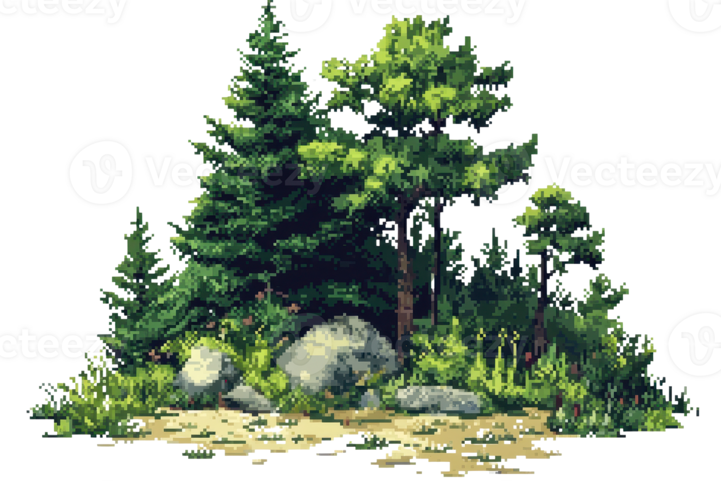 Digital illustration of a peaceful forest scene with lush greenery, tall trees, and scattered rocks at the edge of the woods. png
