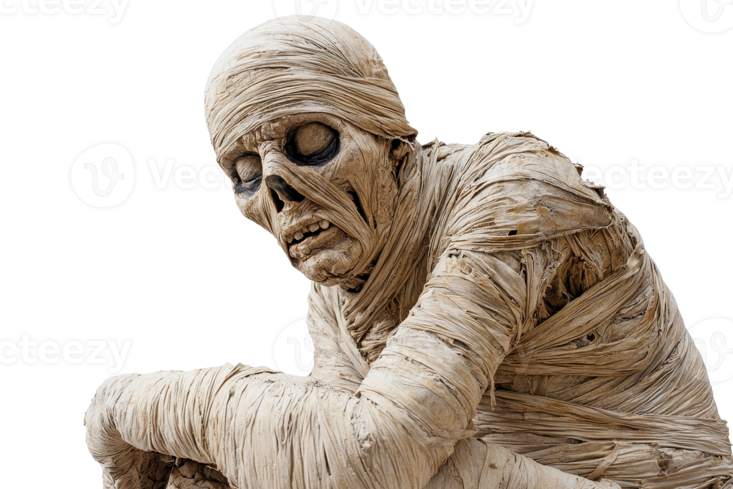 Creepy close-up of an ancient mummy wrapped in bandages. Perfect for Halloween or archaeological themes. png