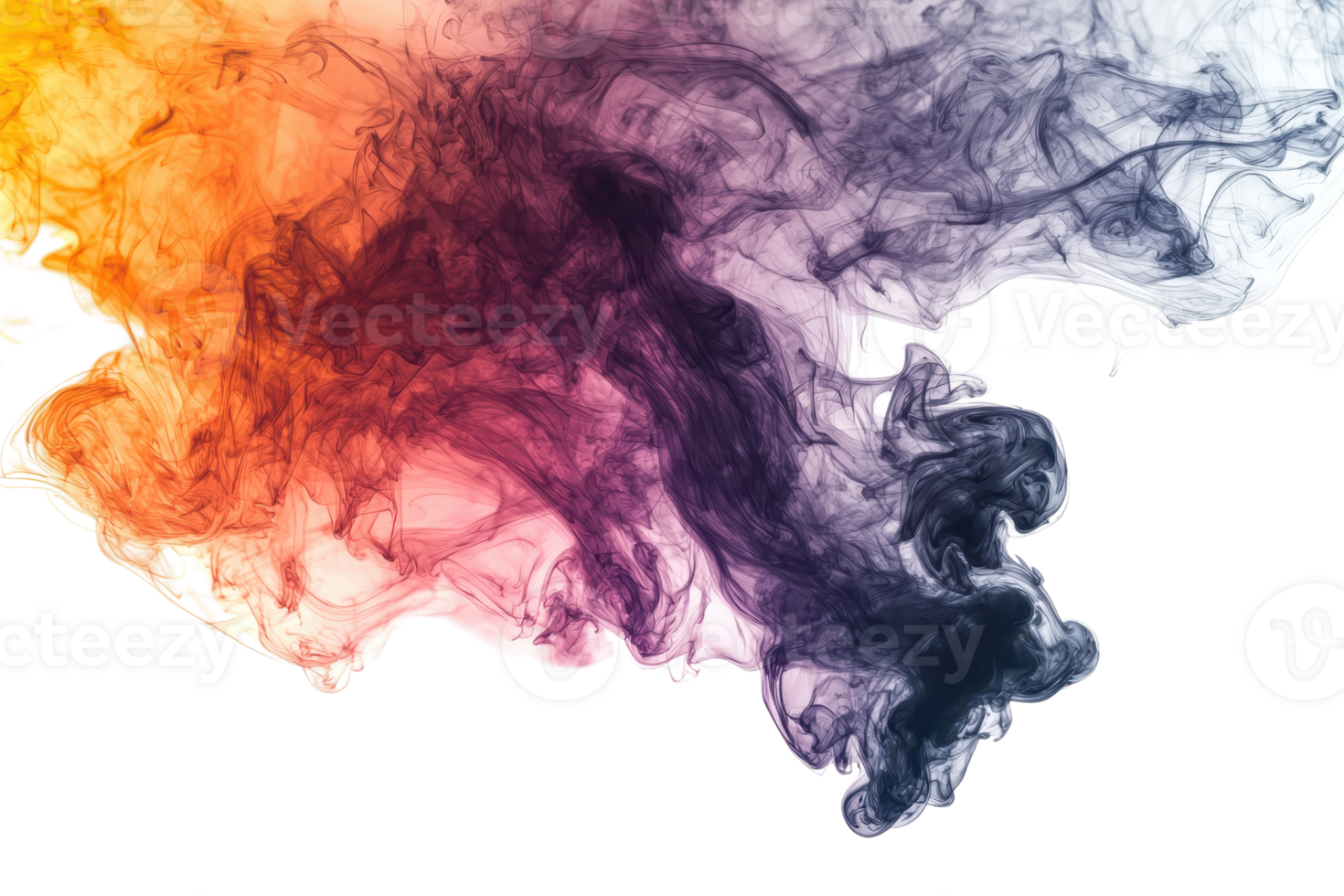 Colorful swirling clouds of ink merging in water, creating a vibrant abstract backdrop with hues of orange, purple, and black. png