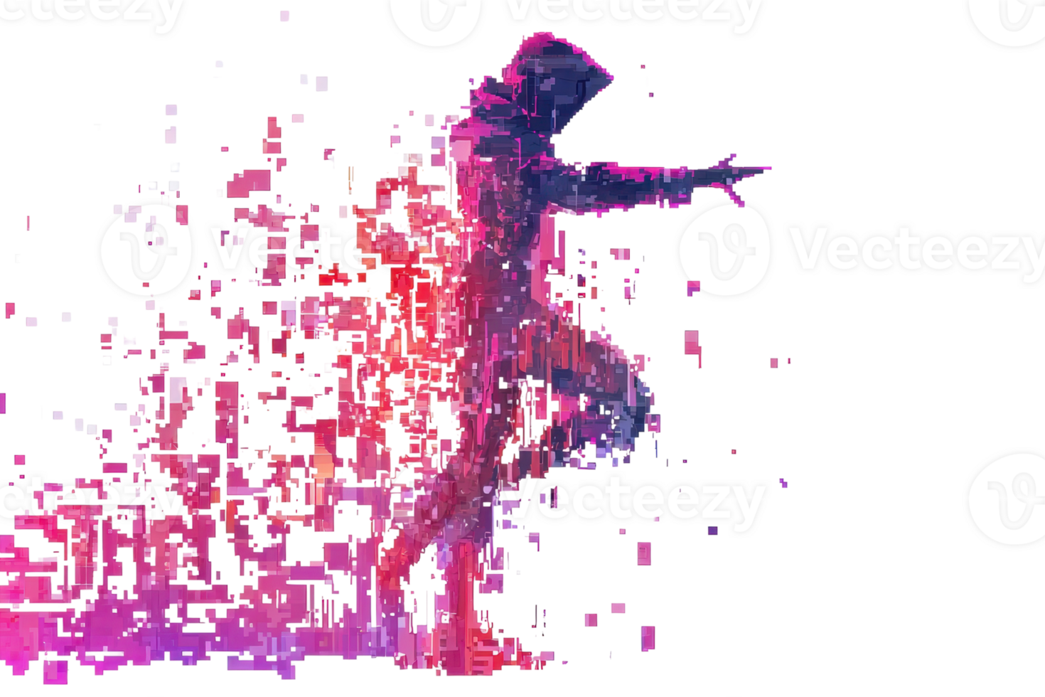 Dynamic digital art of a hooded figure dissolving into colorful particles, symbolizing transition, creativity, and digital transformation. png