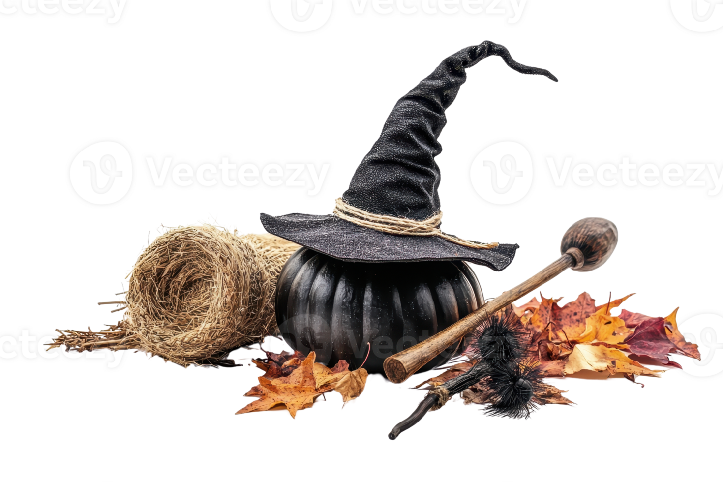 Halloween decoration with a black witch hat on a pumpkin, surrounded by hay, a broomstick, and autumn leaves. png