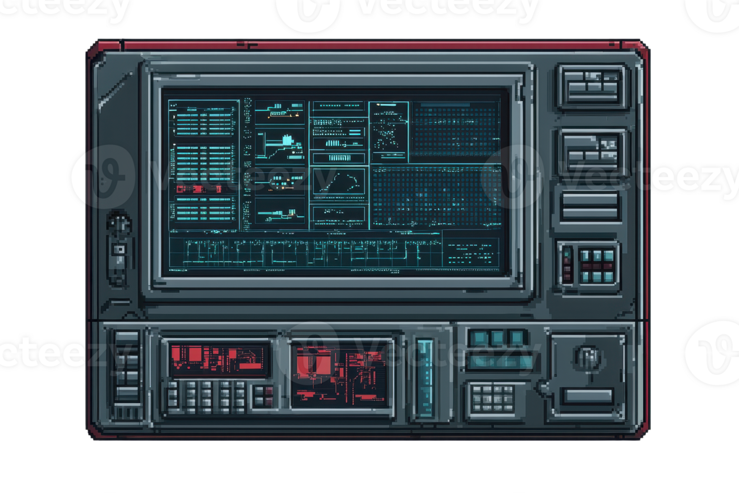 Futuristic control panel with complex interface featuring multiple screens and buttons, ideal for sci-fi settings and technology projects. png