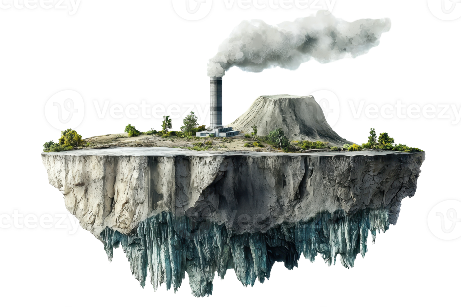 Floating island with a smoking factory, detailed, with craggy cliff base and lush greenery on top, surrounded by clouds. 3D rendering. png