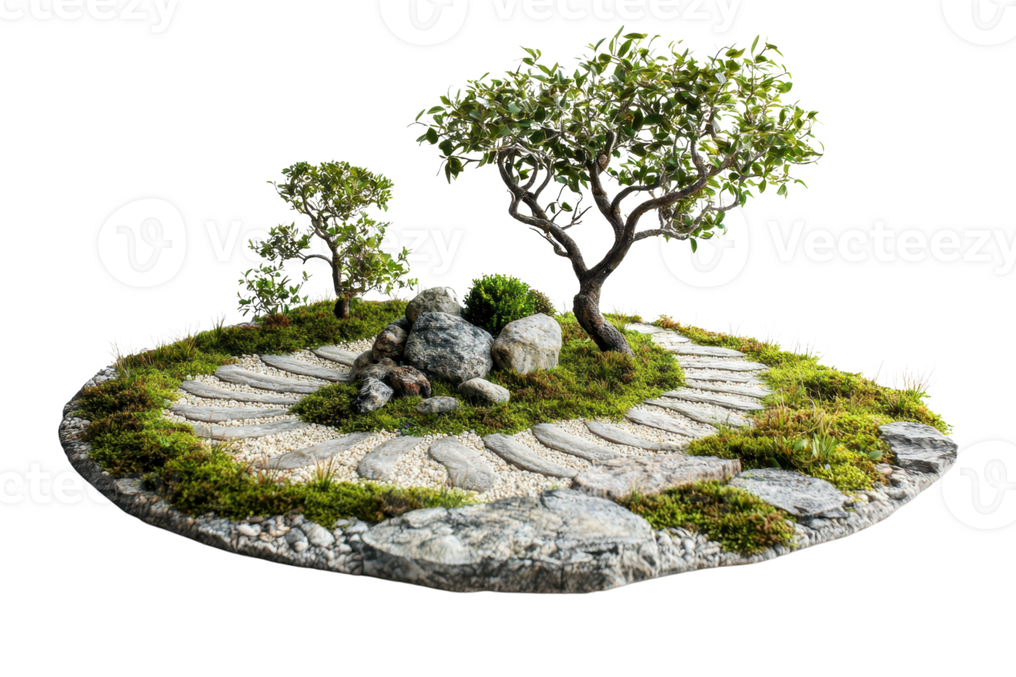 Elegant Zen garden with a winding stone path, surrounded by green moss and trees, perfect for tranquility and meditation. png