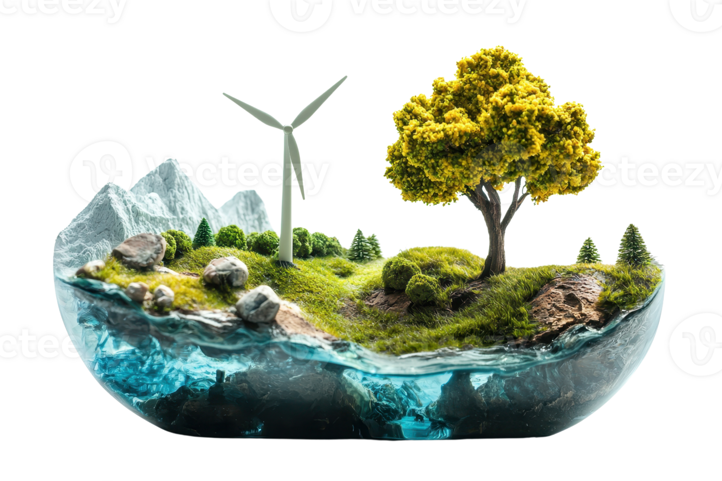 Eco-friendly terrarium with a wind turbine, tree, and mountains, representing nature conservation and renewable energy. png
