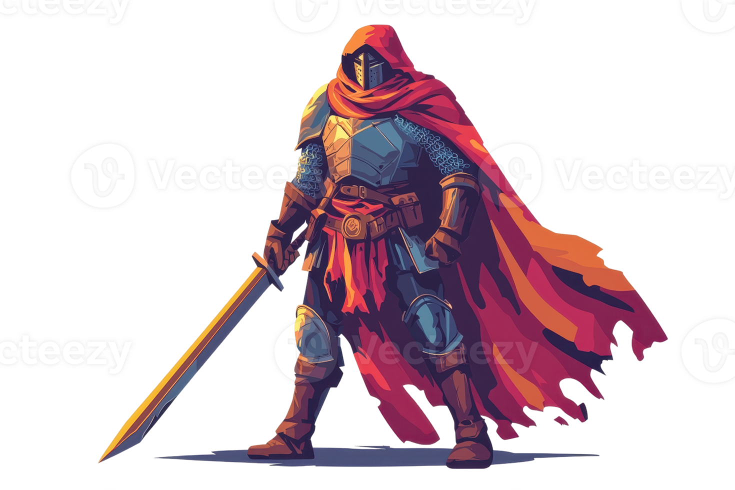 Illustration of a medieval knight in armor and red cloak, holding a sword ready for battle. Detailed and vibrant artistic depiction. png