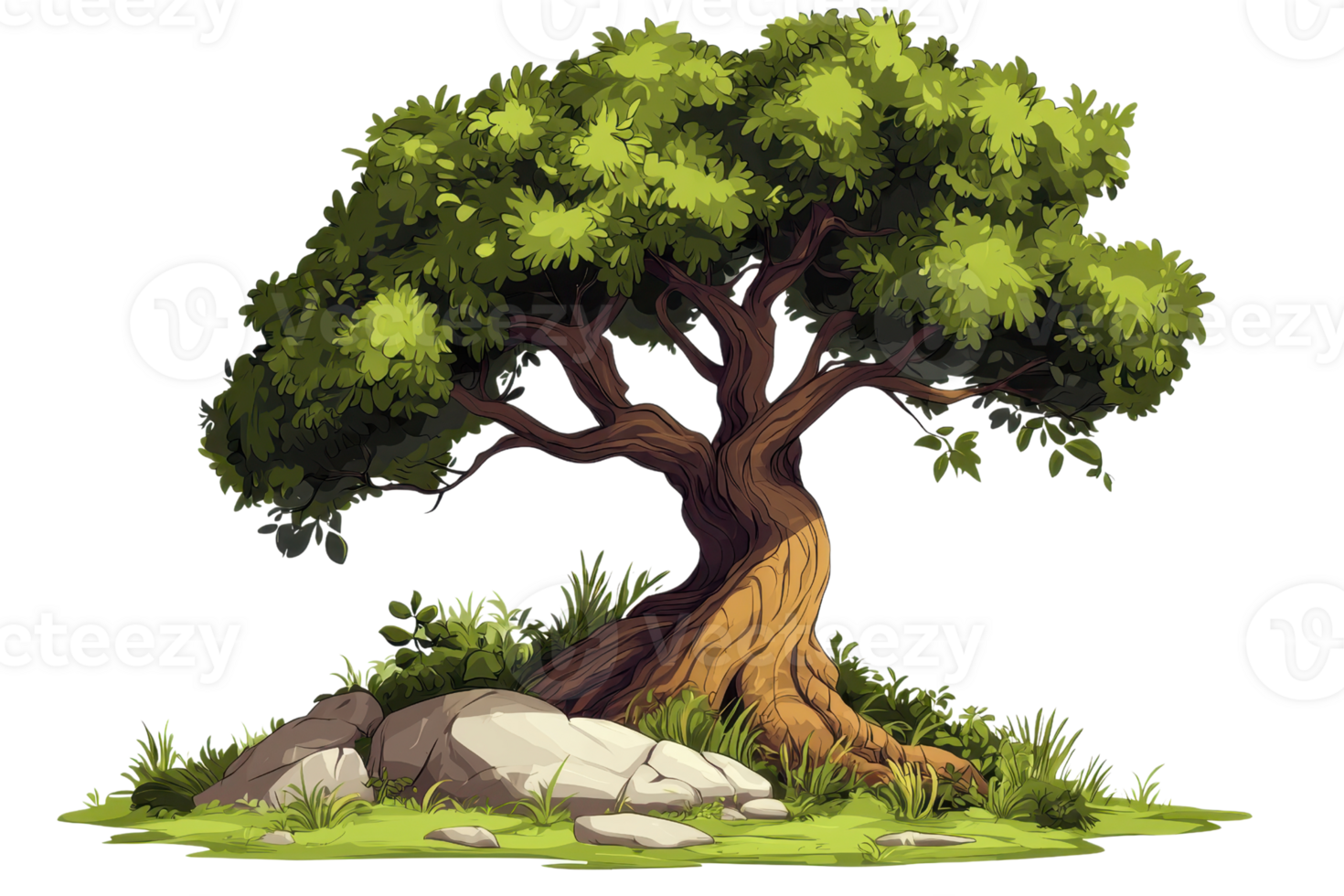 Illustration of a lush tree with green foliage and a twisted trunk, standing on a rock-strewn ground with lush greenery. png