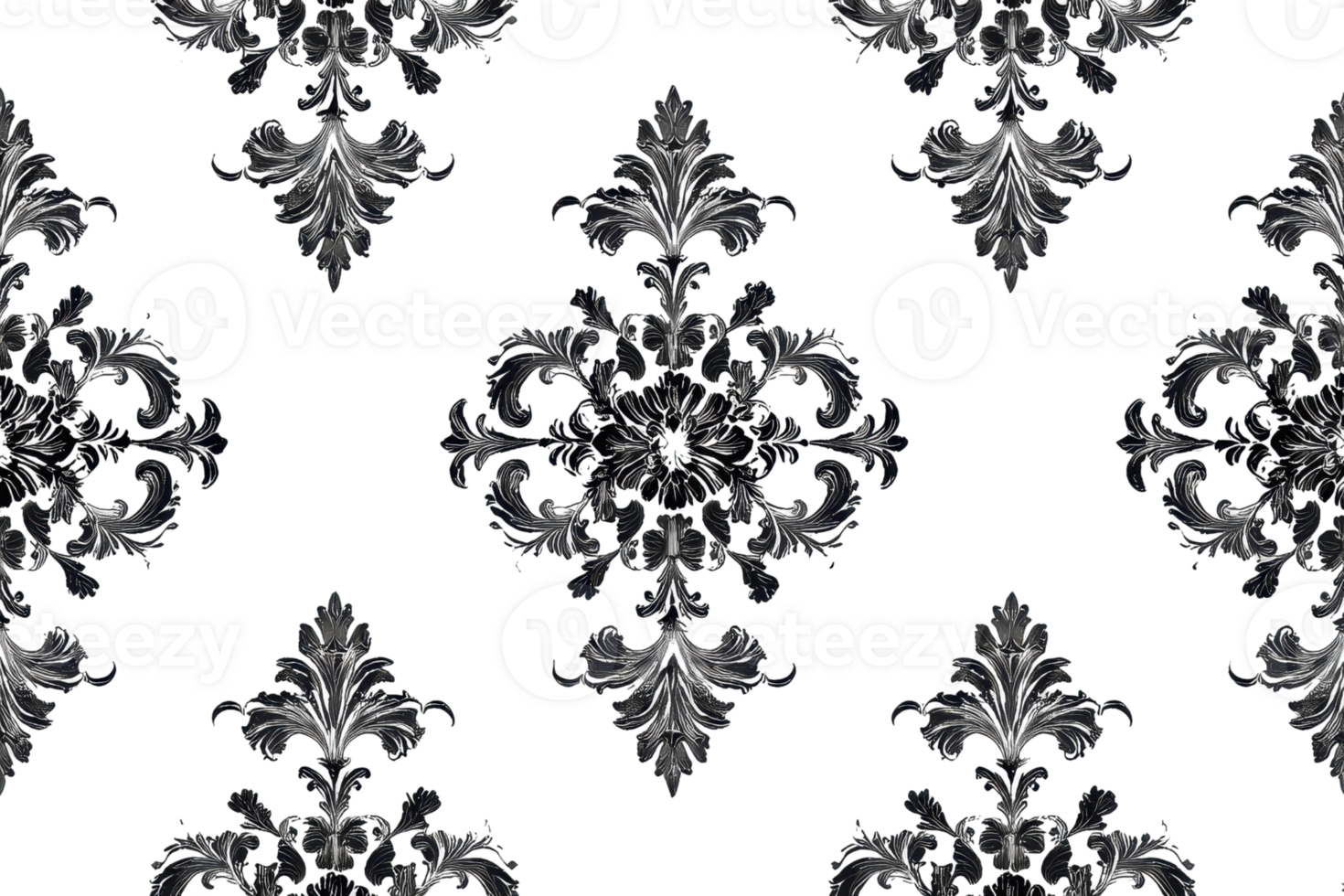 Elegant seamless black and gray damask pattern with ornate floral motifs, perfect for wallpaper, background, or textile design. png