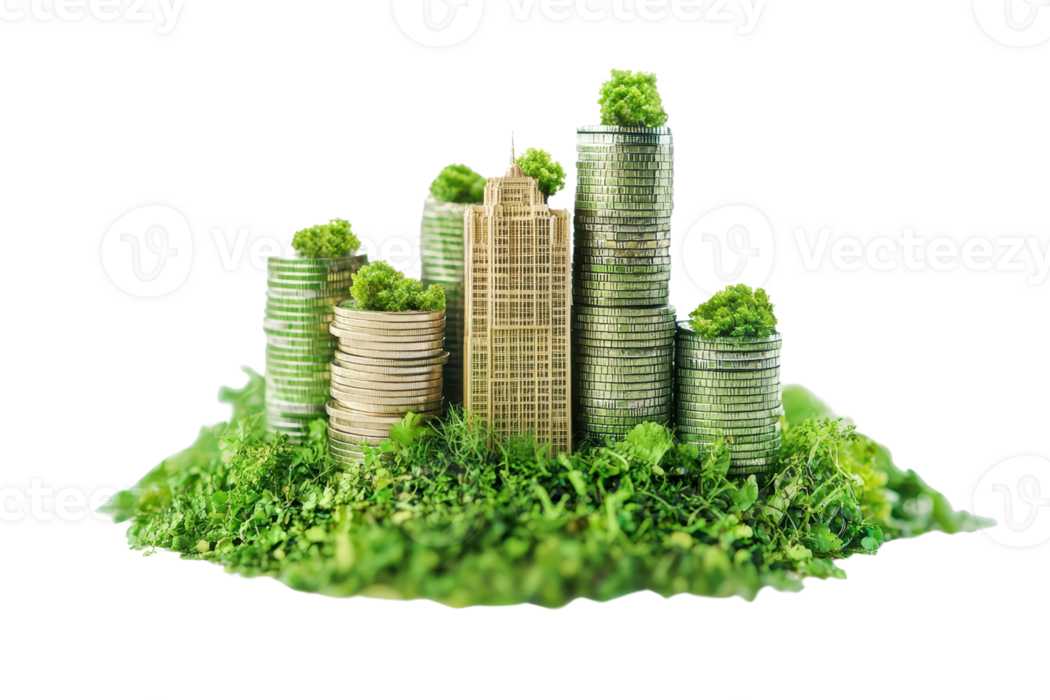 Green city concept with stacks of coins and buildings among foliage, symbolizing eco-friendly and sustainable urban development. png