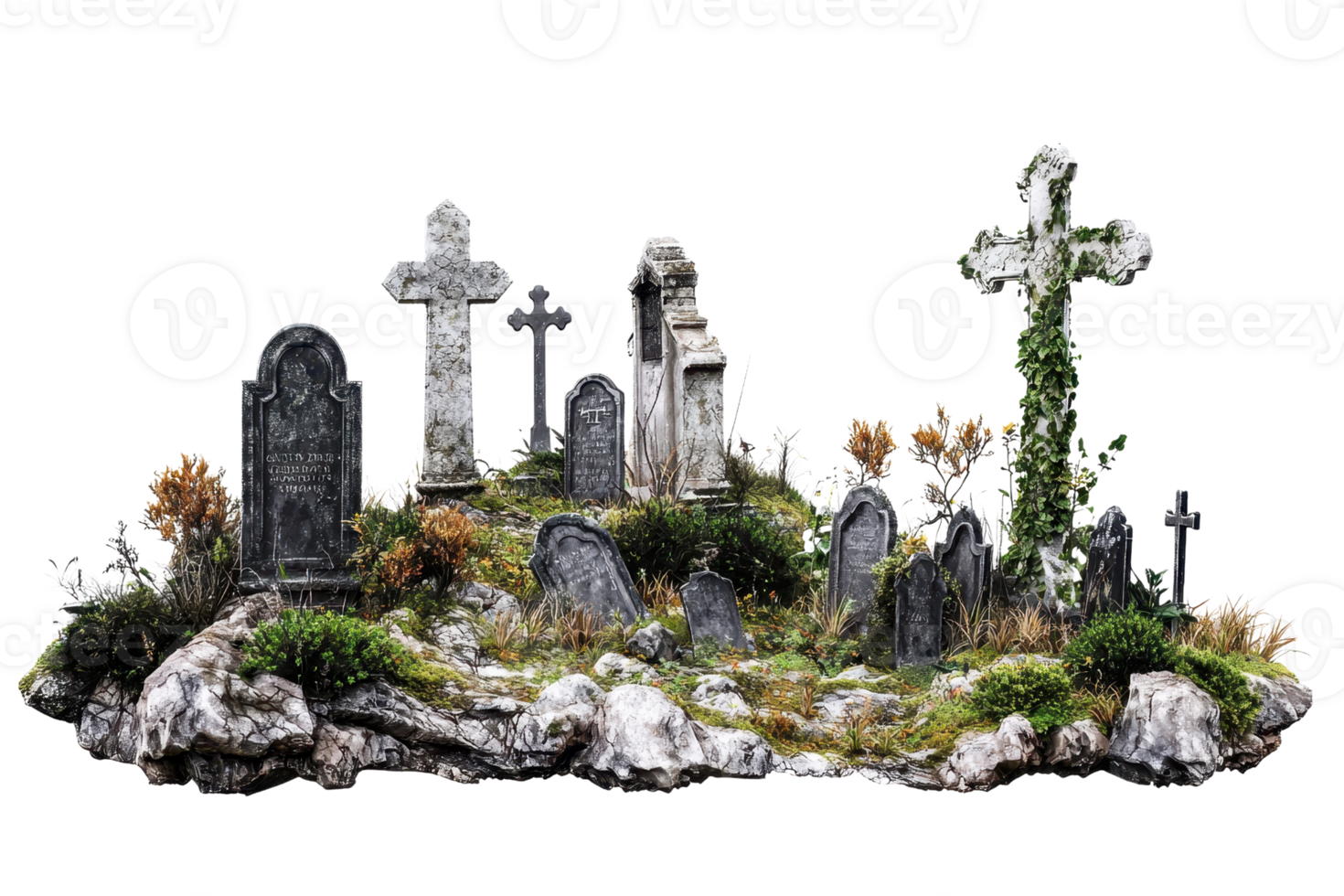 Historic, weathered cemetery with ancient tombstones and crosses surrounded by overgrown plants and stones. png