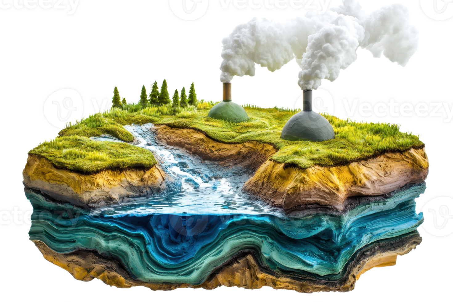 Environmental impact illustration showing industrial pollution with factory smoke on layered land cross-section and a river flowing. png