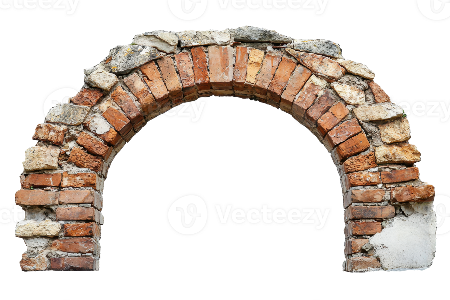 Old stone and brick arch in isolated background, showcasing vintage architecture and historical construction style. png