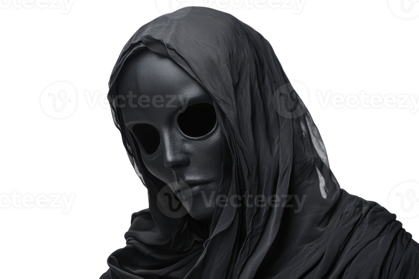 Mysterious figure in a black cloak with a mask, creating a dark and eerie atmosphere. Perfect for horror and haunting themes. png