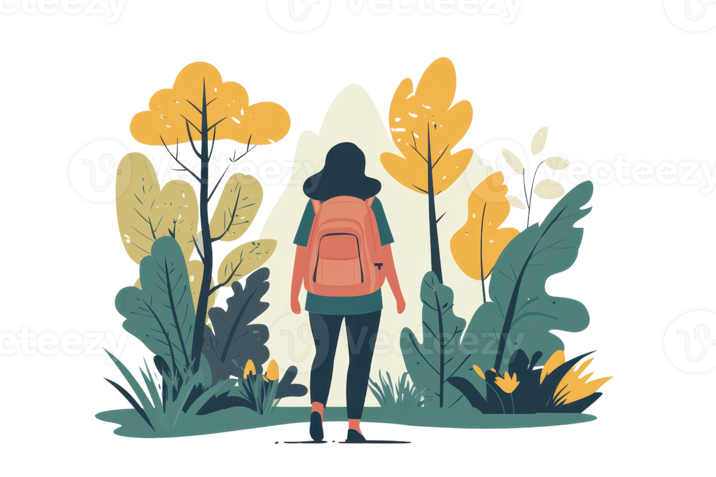 Illustration of a woman hiking in nature with a backpack, surrounded by trees and plants, enjoying an outdoor adventure. png