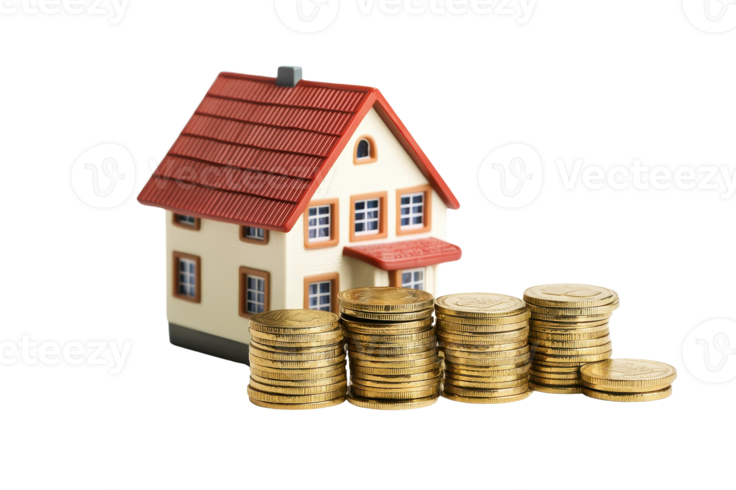 Miniature house model next to stacks of gold coins, representing real estate investment, property value, and financial growth. png