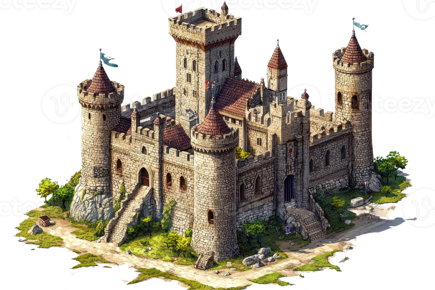 Medieval stone castle with tall towers, surrounded by greenery, showcasing architectural grandeur and historical significance. png