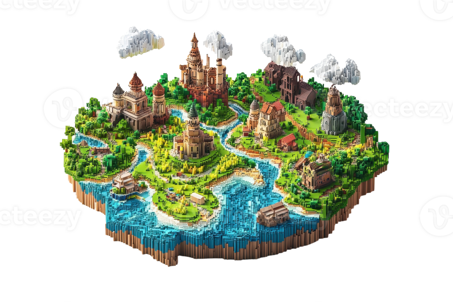 Miniature fantasy island with castles and lush greenery, surrounded by water and clouds in a vivid 3D illustration. png