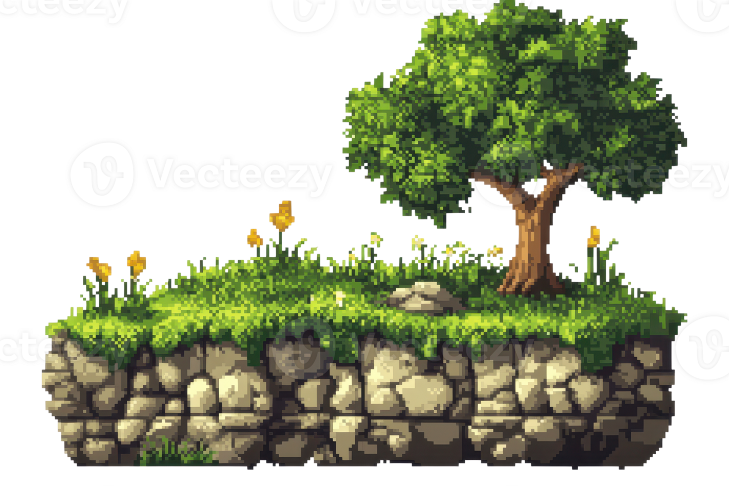 Pixel art floating island with a tree, lush grass, and flowers. Ideal for game design, fantasy artwork, or digital backgrounds. png