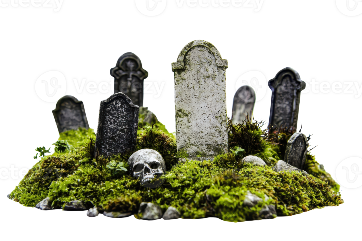 Old and moss-covered tombstones in an eerie cemetery with a visible human skull in the foreground, symbolizing death and decay. png