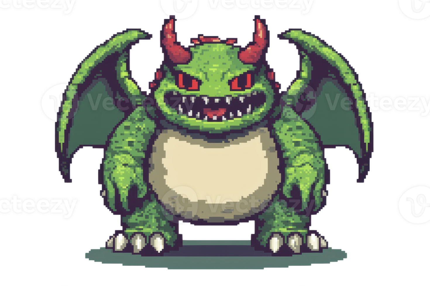 Pixel art depiction of a fierce green dragon with red horns and wings, perfect for fantasy, gaming, and digital art projects. png
