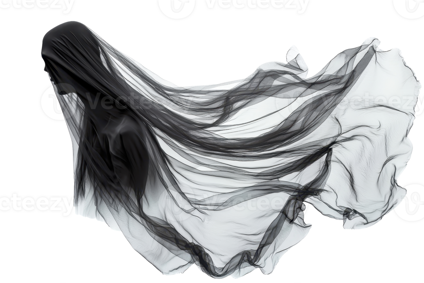 Mystical figure draped in flowing, sheer black fabric, creating an ethereal, ghostly appearance with motion and elegance. png